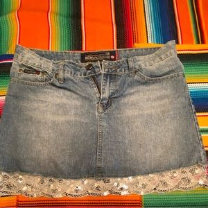 RichCow Girls Denim Jean Skirt With Lace Border Hem and Sequins.